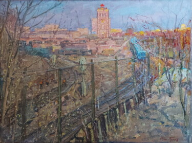Painting titled "Электродепо Измайло…" by Iurii Viktorovich Gusev, Original Artwork, Oil Mounted on Wood Stretcher frame
