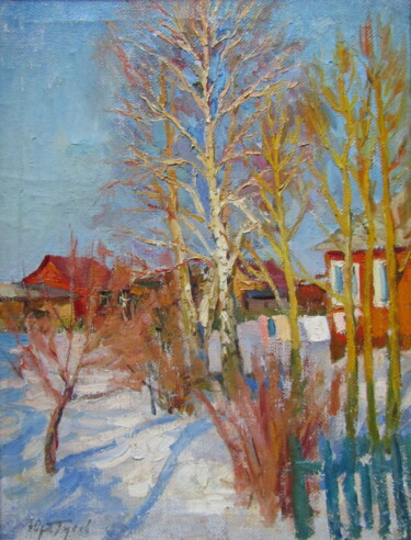 Painting titled "Март." by Iurii Viktorovich Gusev, Original Artwork, Oil Mounted on Wood Stretcher frame