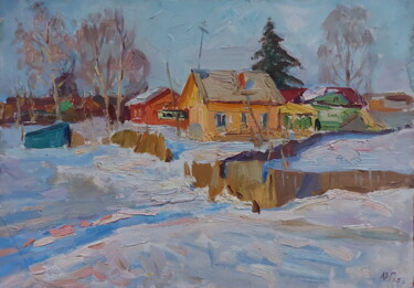 Painting titled "Зима." by Iurii Viktorovich Gusev, Original Artwork, Oil Mounted on Cardboard