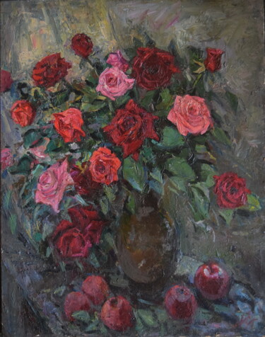 Painting titled "Красные розы" by Iurii Viktorovich Gusev, Original Artwork, Oil Mounted on Wood Stretcher frame