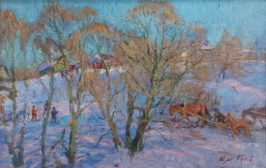 Pittura intitolato "Зима" da Iurii Viktorovich Gusev, Opera d'arte originale, Olio Montato su Telaio per barella in legno
