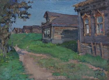Painting titled "Русская деревня" by Iurii Viktorovich Gusev, Original Artwork, Oil Mounted on Cardboard