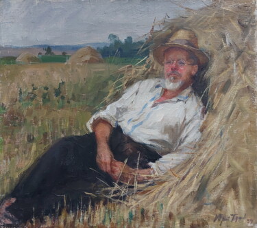 Painting titled "Портрет отца" by Iurii Viktorovich Gusev, Original Artwork, Oil Mounted on Cardboard