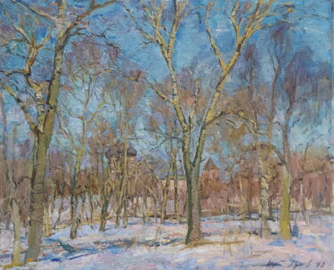 Painting titled "Зимний пейзаж" by Iurii Viktorovich Gusev, Original Artwork, Oil Mounted on Wood Stretcher frame