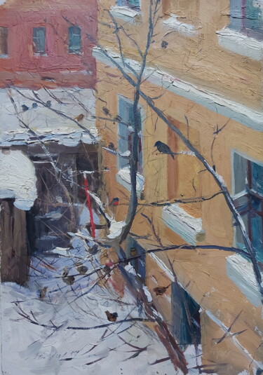 Schilderij getiteld "Снегири" door Iurii Viktorovich Gusev, Origineel Kunstwerk, Olie