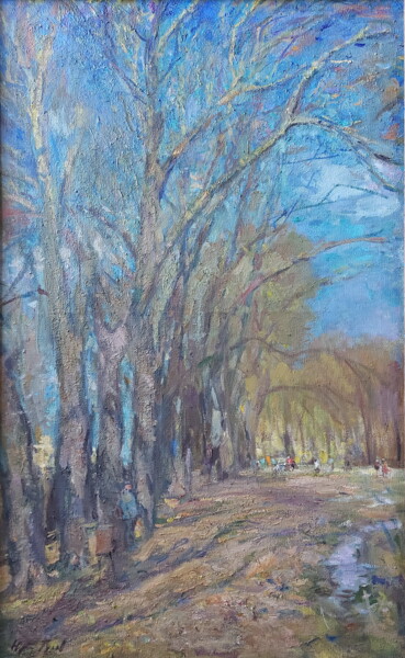 Painting titled "Старые деревья" by Iurii Viktorovich Gusev, Original Artwork, Oil Mounted on Wood Stretcher frame