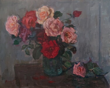 Schilderij getiteld "Розы" door Iurii Viktorovich Gusev, Origineel Kunstwerk, Olie Gemonteerd op Houten paneel