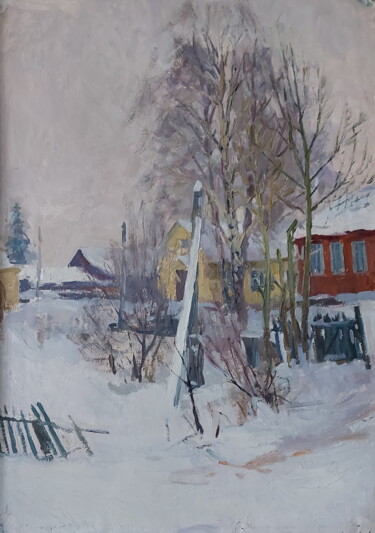 Painting titled "Зимняя деревня" by Iurii Viktorovich Gusev, Original Artwork, Oil Mounted on Cardboard