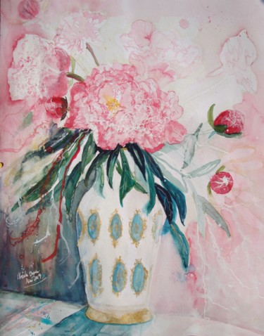 Peinture intitulée "Summerdream with pe…" par Ursula Gnech, Œuvre d'art originale, Aquarelle