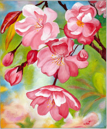 Painting titled "Painting. Cherry bl…" by Natalia Us, Original Artwork, Oil