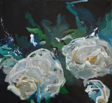 Malerei mit dem Titel "Weiße Rosen" von Uschi Heubeck, Original-Kunstwerk, Acryl Auf Keilrahmen aus Holz montiert