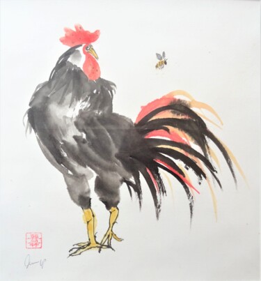 Painting titled "Hahn" by Ute Lempp, Original Artwork, Watercolor