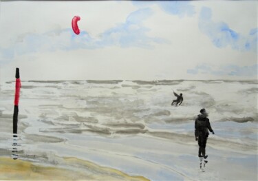 Painting titled "Am Strand surfen" by Ute Lempp, Original Artwork, Ink Mounted on Cardboard