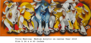 Painting titled "meeting-of-bulls.jpg" by Uttam Manna, Original Artwork, Acrylic