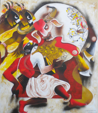 Painting titled "folk dance 8" by Uttam Manna, Original Artwork, Acrylic