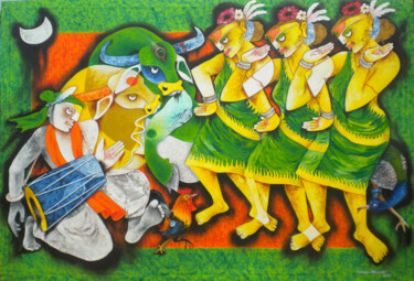 Painting titled "Folk dance 11" by Uttam Manna, Original Artwork, Acrylic