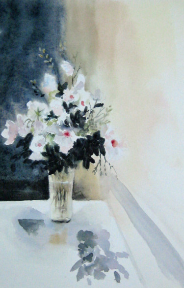 Painting titled "Fleurs blanches" by Les Aquarelles D’Uve, Original Artwork, Watercolor