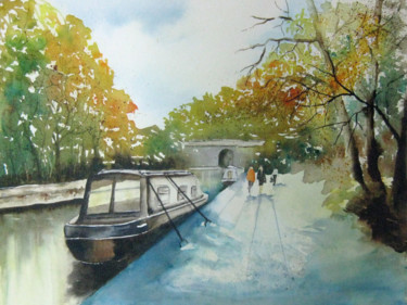 Painting titled "Balade sur le canal" by Les Aquarelles D’Uve, Original Artwork, Watercolor