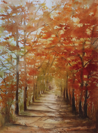 Painting titled "L'automne 2" by Les Aquarelles D’Uve, Original Artwork, Watercolor