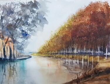 Картина под названием "Le Canal" - Les Aquarelles D’Uve, Подлинное произведение искусства, Акварель