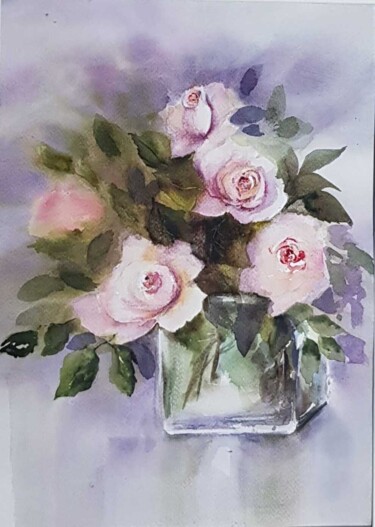 Schilderij getiteld "Quelques roses" door Les Aquarelles D’Uve, Origineel Kunstwerk, Aquarel