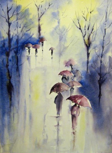 Картина под названием "Jour de pluie" - Les Aquarelles D’Uve, Подлинное произведение искусства