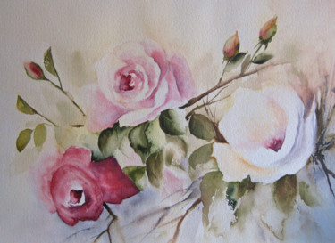 Painting titled "Roses anciennes" by Les Aquarelles D’Uve, Original Artwork, Oil