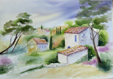Paysage de provence Peinture intitulée "Paysage de provence" par Les Aquarelles D’Uve, Œuvre d'art originale, Aquarelle