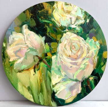 Pintura intitulada "FRESH ROSES-circle,…" por Tatiana Timofeeva, Obras de arte originais, Óleo