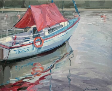 Картина под названием "Yacht with red sails" - Tatiana Timofeeva, Подлинное произведение искусства, Масло Установлен на Дере…