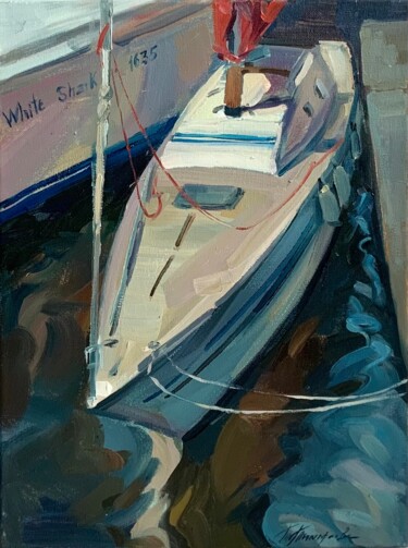 Painting titled "Midday  sailboat,mo…" by Tatiana Timofeeva, Original Artwork, Oil Mounted on Wood Stretcher frame
