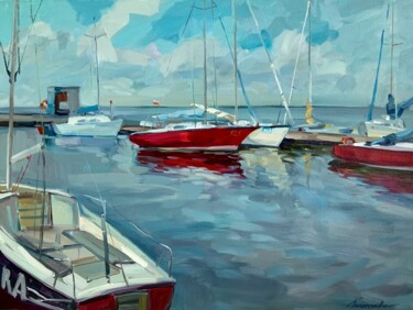 Painting titled "Red yachts" by Tatiana Timofeeva, Original Artwork, Oil Mounted on Wood Stretcher frame