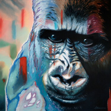 Painting titled "Gorilla | Original…" by Uwe Fehrmann, Original Artwork, Oil Mounted on Wood Stretcher frame