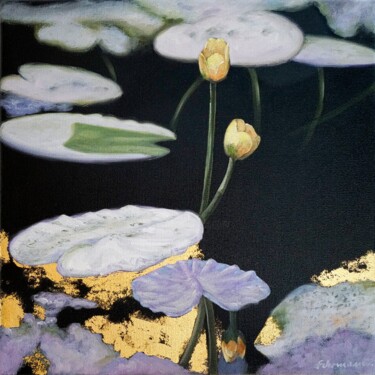 Painting titled "„Water lilies", Nr.…" by Uwe Fehrmann, Original Artwork, Oil Mounted on Wood Stretcher frame