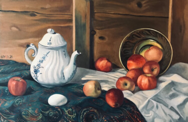 Painting titled "Still life with tea…" by Uy Nguyen, Original Artwork, Oil