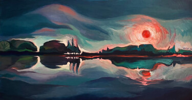 Painting titled "Weißensee sunset" by Uy Nguyen, Original Artwork, Oil