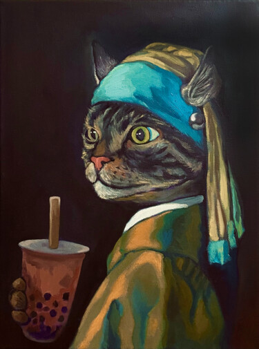 Painting titled "Cat with a pearl ea…" by Uy Nguyen, Original Artwork, Oil