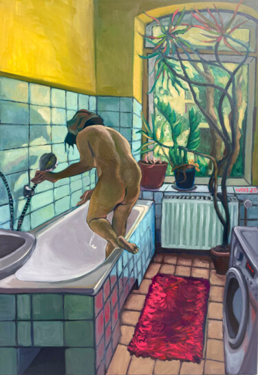 Painting titled "Morning bath (Her m…" by Uy Nguyen, Original Artwork, Oil