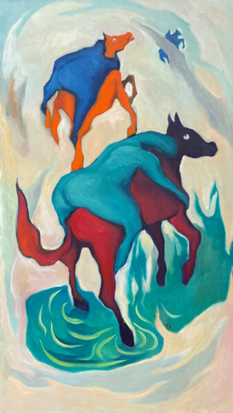 Schilderij getiteld "Horse Racing" door Uy Nguyen, Origineel Kunstwerk, Olie