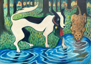 Painting titled "A Dog, a cat and th…" by Uy Nguyen, Original Artwork, Oil