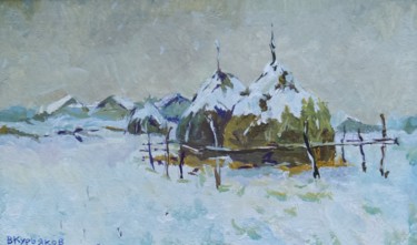 Malerei mit dem Titel "Окраина деревни" von Vladimir Kuriakov (Vladimir Kuryakov), Original-Kunstwerk, Öl Auf Karton montiert