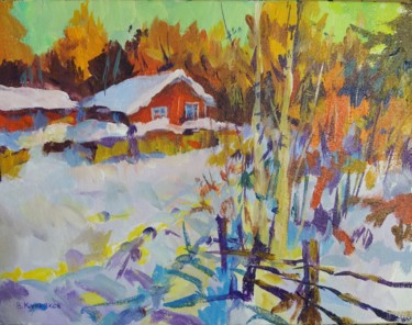 Картина под названием "Зима в деревне" - Владимир Курьяков (Vladimir Kuryakov), Подлинное произведение искусства, Масло