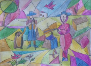 Alentejo cubista I Pintura intitulada "Alentejo cubista I" por Vitor Pisco, Obras de arte originais, Lápis