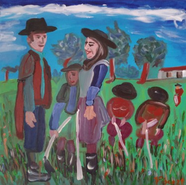 Monda do arroz no Alentejo Pintura intitulada "Monda do arroz no A…" por Vitor Pisco, Obras de arte originais, Acrílico