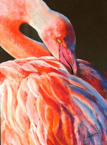 Painting titled "" flamant rose"" by Valerie Sorbets, Original Artwork, Pastel