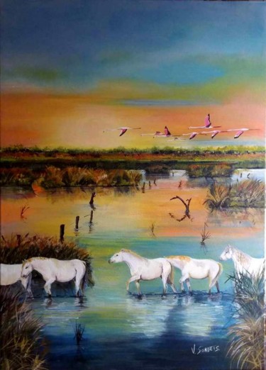 Pittura intitolato "" marais en Camargu…" da Valerie Sorbets, Opera d'arte originale, Olio