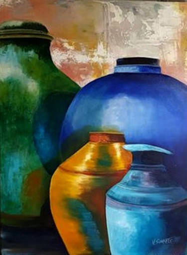 Malerei mit dem Titel ""Anduze bleu"" von Valerie Sorbets, Original-Kunstwerk, Öl