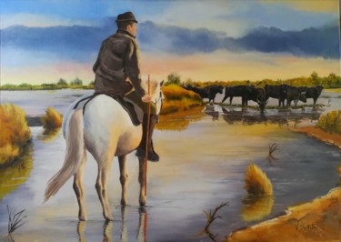 Peinture intitulée ""manade" en Camargue" par Valerie Sorbets, Œuvre d'art originale, Huile