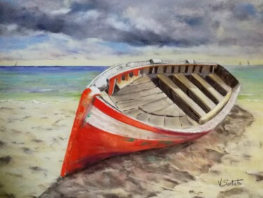 Malerei mit dem Titel "barque rouge" von Valerie Sorbets, Original-Kunstwerk, Pastell