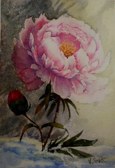 Painting titled "" pivoine II"" by Valerie Sorbets, Original Artwork, Watercolor